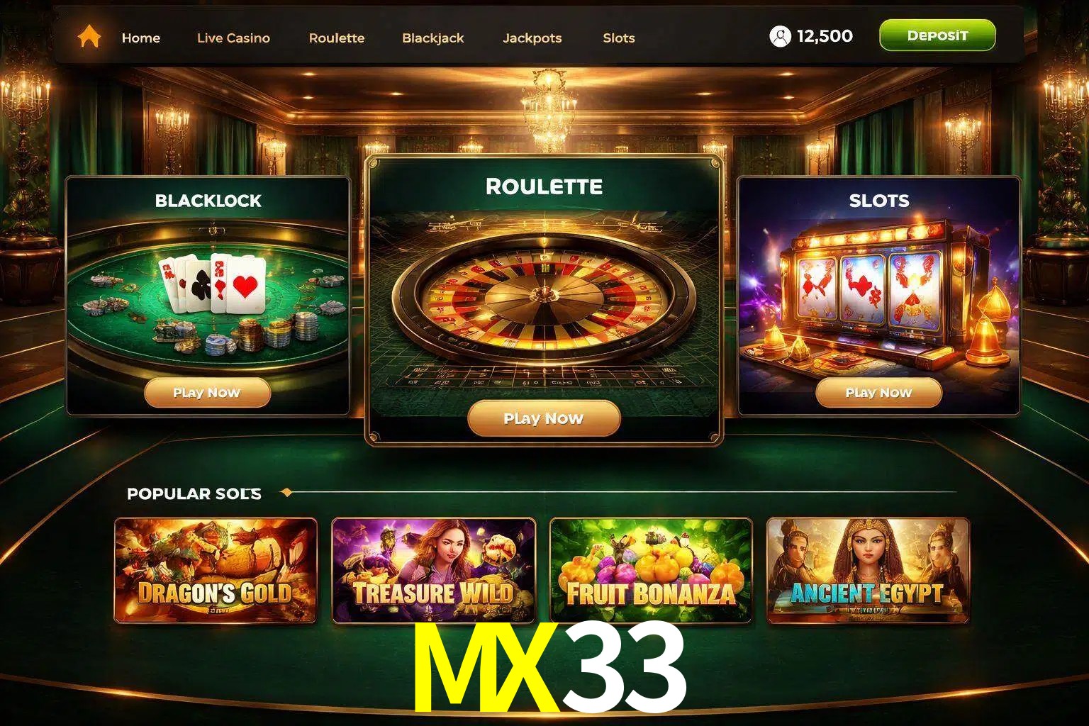 Vista de la plataforma MX33 Casino mostrando categorías organizadas de juegos en línea