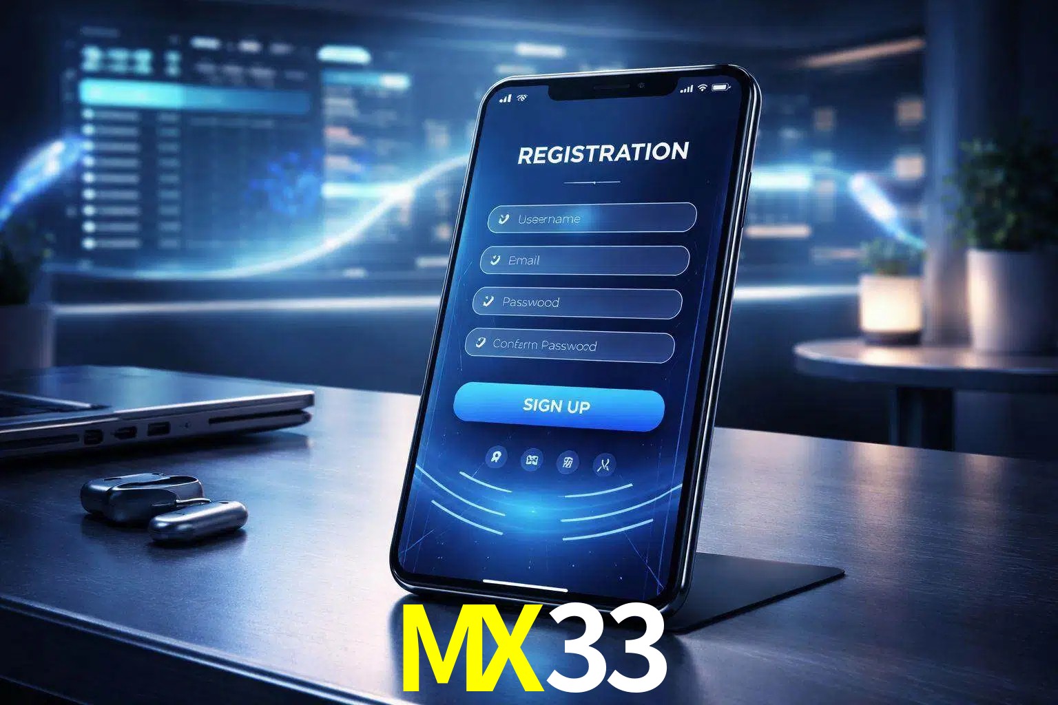 Una interfaz moderna de registro móvil para MX33 mostrada en un smartphone con un panel de apuestas elegante.